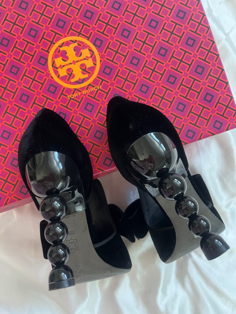 Tory Burch Black Velvet D'Orsay Pumps with Bow and Sculptural Bead Heel - Picture 6 of 9